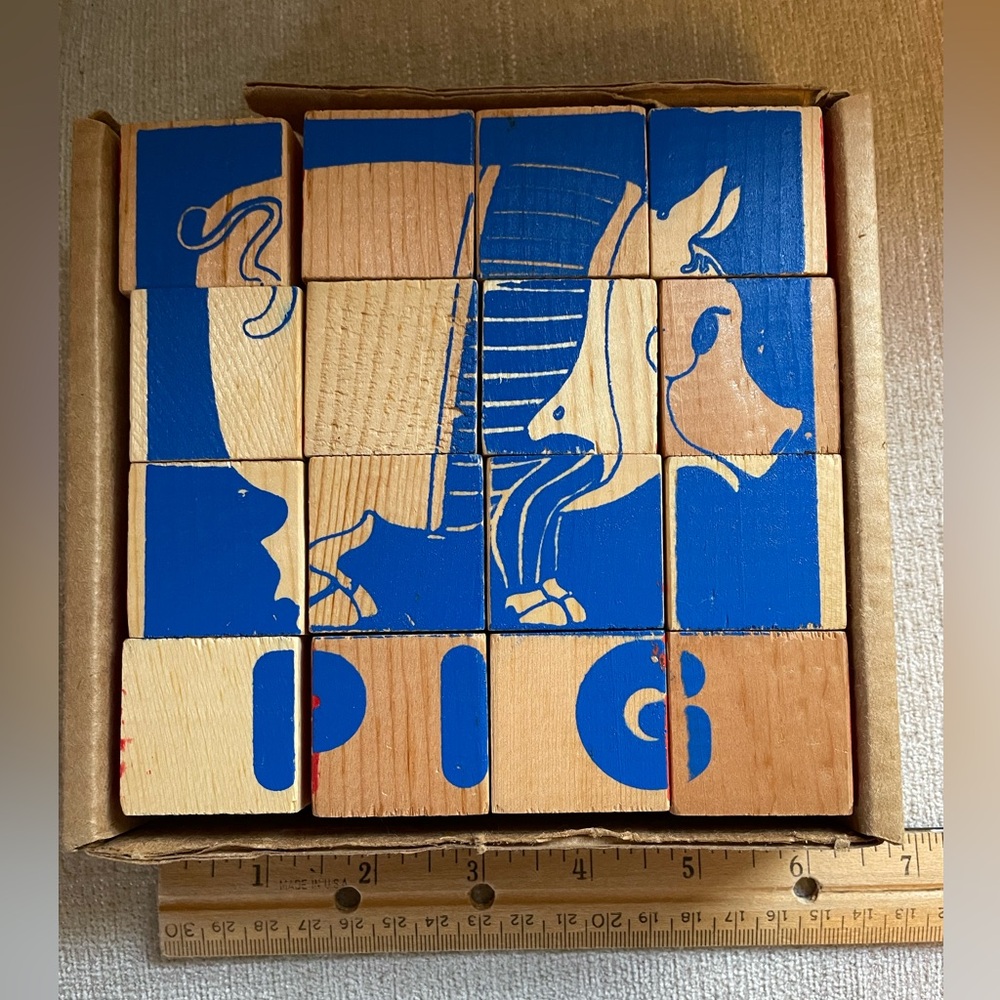Vintage 70’s Wooden Puzzle Blocks with 4 Animals -Pig, Horse, Cow, Chick